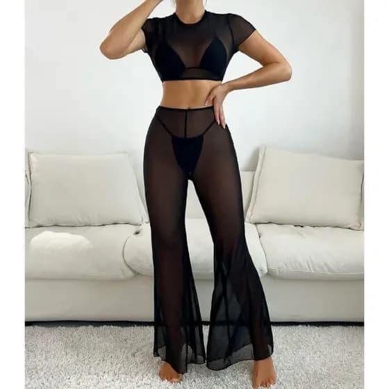 Conjunto Vick Calça Flare e Cropped Malha de Tule Saída de Praia Moda Praia Verão