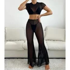 Conjunto Vick Calça Flare e Cropped Malha de Tule Saída de Praia Moda Praia Verão