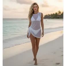 Vestido Saída de Praia Eloa Detalhes Pompom Tecido Malha de Tule Moda Praia