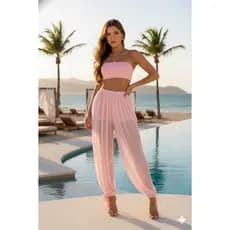 Calça Saída de Praia Frida Forrado Em Malha de Tule  Moda Praia Verão