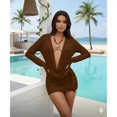 Vestido Saída de Praia Tate Curta Tule Transparente Decote Profundo Moda Praia Verão