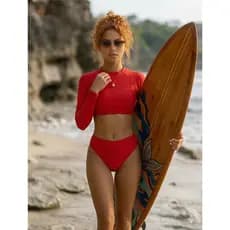 Conjunto Biquini Surf Zen Manga Longa Calcinha Hot Paint Cintura Alta Poliamida Moda Praia Verão