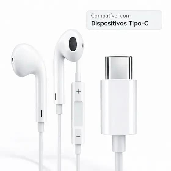 Fone de Ouvido Tipo-C Estéreo com Controle de Volume + Microfone