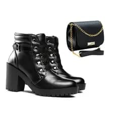Bota Feminina Coturno Feminino Salto Alto Cano Liso Curto Tratorado Confortável Leve + Bolsa
