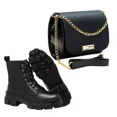 Bota  Feminina Coturno Tratorado Militar Cano Baixo Salto Baixo Grosso Blogueira + Bolsa Transversal