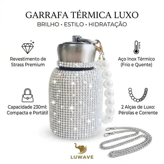 Garrafa Térmica Inox 230ml com Strass Squeeze Academia Garrafa de Água Feminina Portátil Brilhante