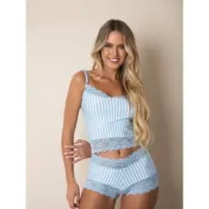 Baby Doll Josiane Short Dool Listrado Sensual Fresquinho Rendado