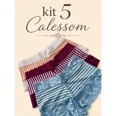 Kit 5 Calessom Izabela Calcinha shortinho Listrada Tanga Sensual Cueca Feminina Básica Poliamida