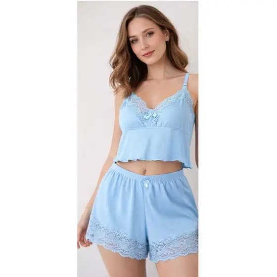 Baby Doll Luxo Nanda Short Dooll Poliamida Canelado Pijama Cropped Feminino Adulto Baby Dooll Adulto