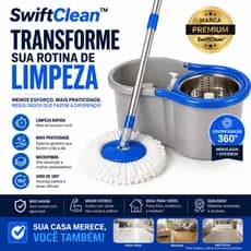 Mop Giratório SwiftClean™ Balde Centrífuga Esfregão Microfibra Cabo Inox Limpeza Prática