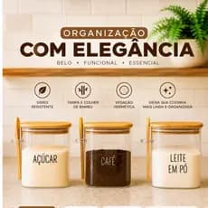 Kit Pote de vidro para mantimento com tampa e colher de bambu | Açúcar | Café | Leite em Pó e outros