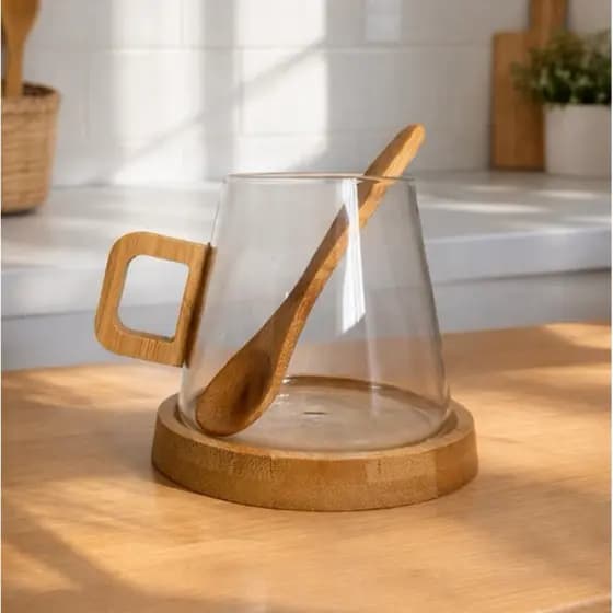 Caneca de vidro e bambu - com pires e colher