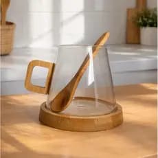 Caneca de vidro e bambu - com pires e colher
