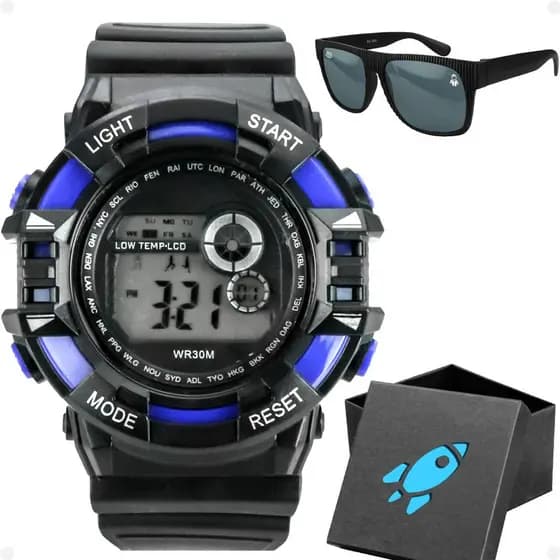Relogio Infantil Preto Digital Menino + Oculos Sol + Caixa presente esportivo criança alarme preto