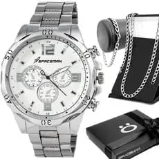 Relogio prata masculino inox aço + cordao pesado social robusto prateado qualidade premium grumet