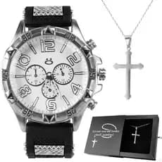 Relogio Masculino Prata Aço Inox + Colar Crucifixo + Caixa inoxidável presente ajustavel original