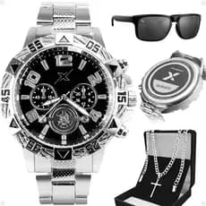 relogio masculino aço + oculos sol + cordão cruz religioso analogico robusto ponteiro crucifixo cruz