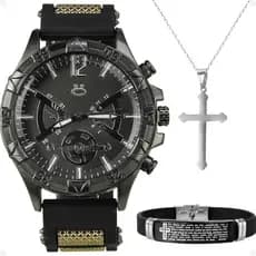 relogio masculino aço preto + cordao crucifixo religioso oração pai nosso presente black piano prata