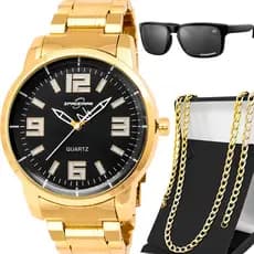 Relogio Banhado Aço Inox Masculino + Cordao + Oculos Sol grumet casual proteção uv original pesado