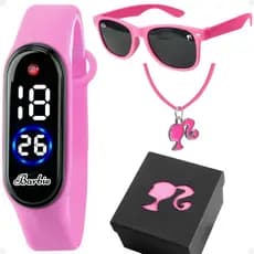 relogio infantil led + caixa + oculos sol rosa qualidade premium strass pink prova dagua led