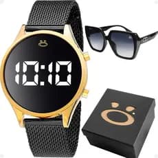 Relogio aço banhado feminino digital + caixa + oculos sol presente dourado strass protecao uv moda