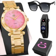 relogio feminino rosa + bracelete digital + oculos ajustavel garantia social preto ponteiro presente