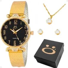 relogio banhado dourado feminino + colar brincos pulseira ajustavel inoxidável original strass