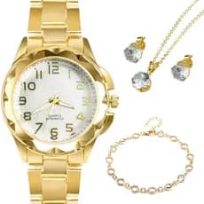 Relogio Feminino Banhado + Pulseira + Colar Brinco Strass casual qualidade premium social original
