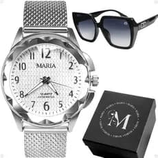 Relogio prova dagua feminino aço prata + caixa + oculos sol social resistente strass original casual