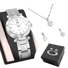 Relogio feminino prata aço + colar strass + brincos delicado presente inoxidável ajustavel garantia