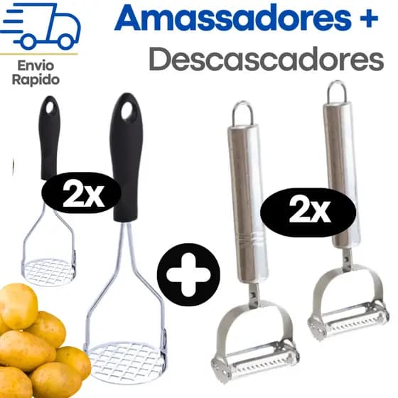 2 Amassadores de Batata + 2 Descsacador 17cm de Legumes e Frutas em Inox Premium
