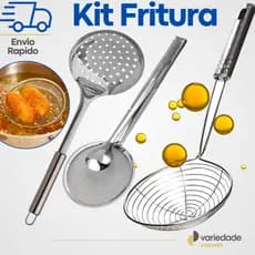 Kit 3 Escumadeira + Escumadeira Fritura + Escumadeira Fritura com Pinça Inox para Casas Restaurantes Bares Padaria
