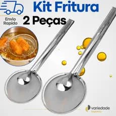 Kit 2 Pegador para Frituras Escumadeira Inox com Pinça e Peneira Batata Frango Carne Salgados