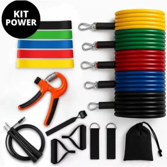 Kit Treino em Casa 11 Extensor Elástico + 5 Mini Band + Hand Grip + Corda de Pular