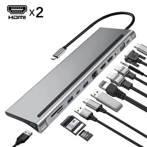 Estação De Acoplamento 12 Em 1 Tipo C Para Áudio Duplo HDMI * 2 VGA 3.5 Mm TF/SD Leitor RJ45 Ethernet PD Charge USB-HUB
