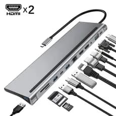 Estação De Acoplamento 12 Em 1 Tipo C Para Áudio Duplo HDMI * 2 VGA 3.5 Mm TF/SD Leitor RJ45 Ethernet PD Charge USB-HUB