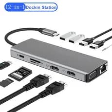 12 Em 1 Tipo c Docking Station USB Hub-Para Duplo HDMI 4k VGA RJ45 Leitor De Cartão SD/TF Usb3.0 Notebook Portátil Conve