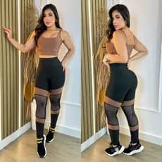 Conjunto Academia Treino Cropped e Calça Legging Detalhe Arrastão Feminino Fitness Luxo