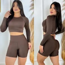 Conjunto Academia Top Manga Longa Short Legging Colado Roupa de Academia Treino Inverno