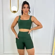 Conjunto de Short Com Bolso Para Corrida Treino Academia Top Com Bojo Compressão Cintura Alta
