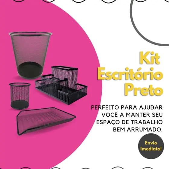 Kit Lixeira Escritório Organizador de Mesa Bandeja Organizadora Porta Caneta Lápis Preto
