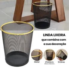 Lixeira Office Aramada Preta com Borda Dourada 10L Lixeira de Escritório Metal Preta Moderna Dourada