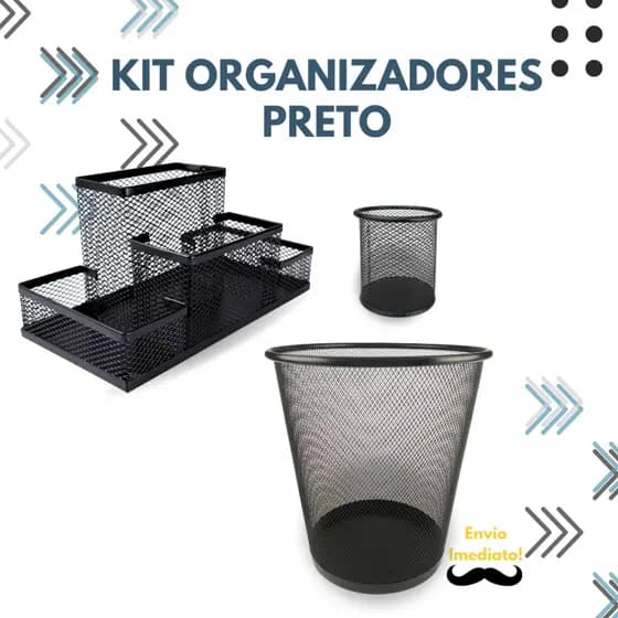 Kit Organizador, Porta Caneta e Lixeira Preto Escritório