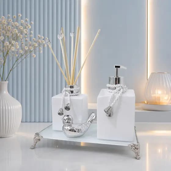 Kit Lavabo Vidro Luxo Porta Sabonete Líquido 250ml + Aromatizador 250ml com Passarinho Decorativo