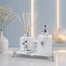 Kit Lavabo Vidro Luxo Porta Sabonete Líquido 250ml + Aromatizador 250ml com Passarinho Decorativo