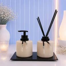 Kit Lavabo Luxo Bege Fosco com Bandeja Preta e Detalhes em Cristal – 250ml