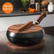 Frigideira Alta de Ferro Resistente Anti Aderente Com Tampa e Cabo de Madeira 28cm