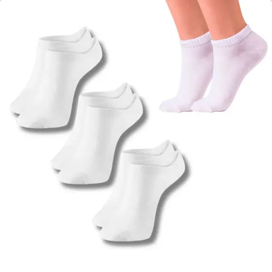 Kit 3 Pares Meias Soquetes Femininas Cano Curto Respiravel Brancas Confortável Academia Dia a Dia