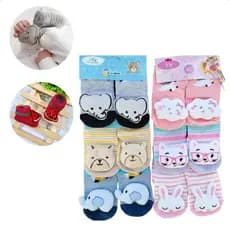 Kit 3 Pares Meias Infantil 3D Bichinhos Para Bebê Menino Menina Antiderrapante