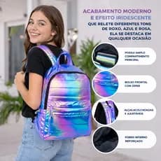 Mochila Holografica Metalizada Brilho Feminina Juvenil Escolar Luxo Moderno Resistente